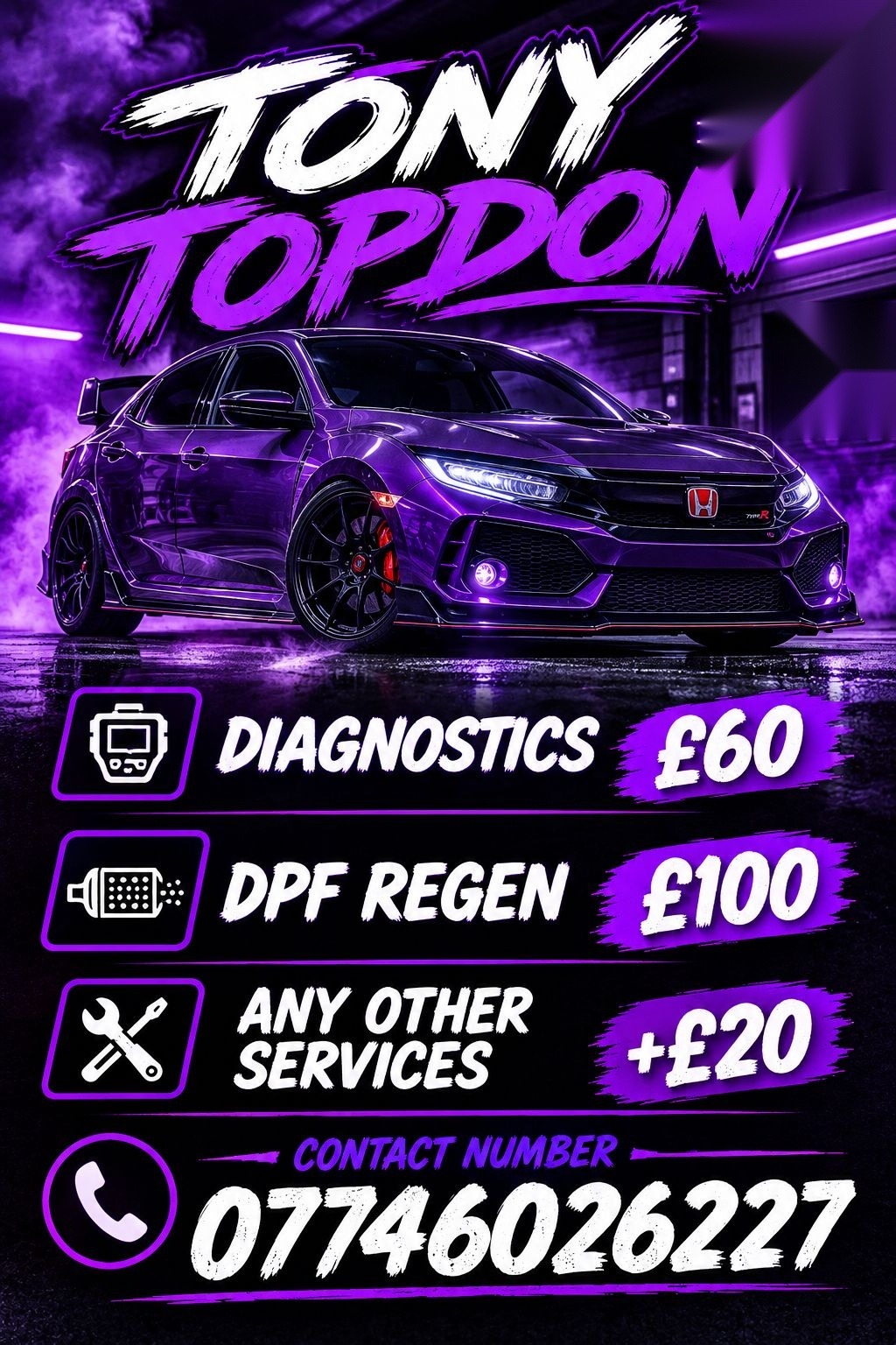 Tony Topdon Honda service poster showing a Honda vehicle and service prices